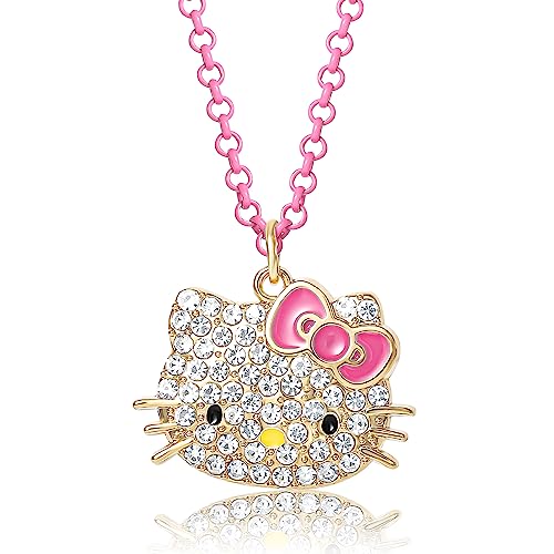 Hello Kitty Sanrio Pave Pendant Necklace 16'+3' - Official License Necklace with Neon Pink Chain