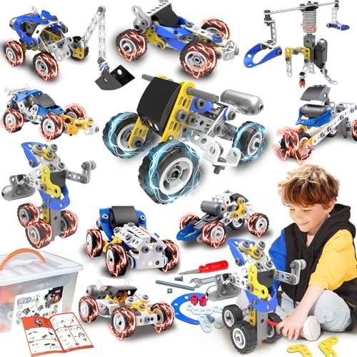 10 in 1 Electric Stem Toys for 5 6 7 8 9+ Year Old Boys Toy Building Blocks Set Stem Kit Kid Age 4-8 5-7 8-10 Educational Creative Game Construction Stem Activities Robot Excavator Birthday Gift Idea