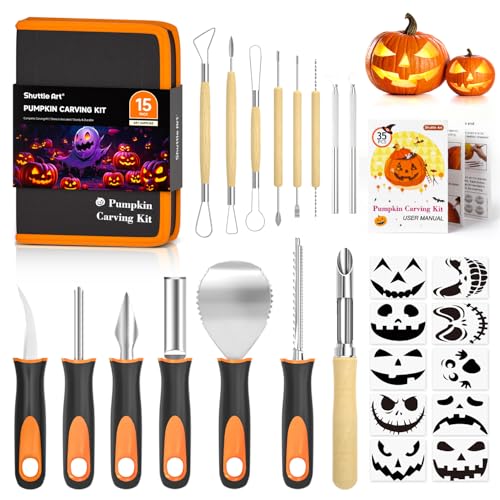 25 PCS Halloween Pumpkin Carving Kit, Shuttle Art 15 PCS Professional Premium Quality Stainless Steel Pumpkin Carving Tools with 10 Pumpkin Stencils Carrying Case for Kids Adults Sculpting and Carving