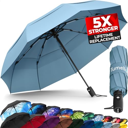 TUMELLA Strongest Windproof Travel Umbrella (Compact, Superior & Beautiful), Small Strong but Light Portable and Automatic Folding Rain Umbrella, Durable Premium Grip, Fits Car & Backpack