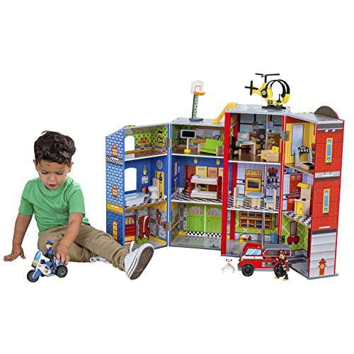 KidKraft Everyday Heroes Wooden Playset, 3-Story with 26-Piece Accessories, Foldable for Storage