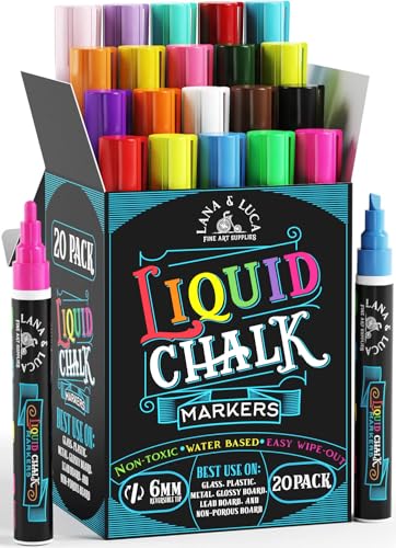 Liquid Chalk Markers for Blackboards - Bold Color Dry Erase Marker Pens Chalkboards Signs, Windows, Blackboard, Glass - 6mm Reversible Tip (20 Pack)