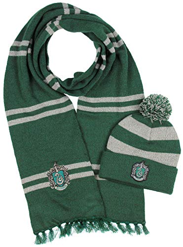 Harry Potter Hogwarts Houses Knit Slytherin Scarf & Pom Beanie Set (Slytherin)