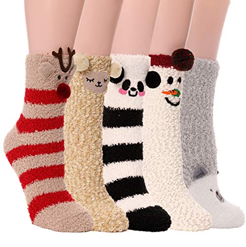 ProEtrade Fuzzy Socks for Women Teen Girls Fluffy Cozy Christmas Gift Cabin Holiday Winter Warm Fleece Thick Comfy Slipper Home Plush Cute Snowman Fun Soft Socks Stocking Stuffer (Animal (5 Pairs))