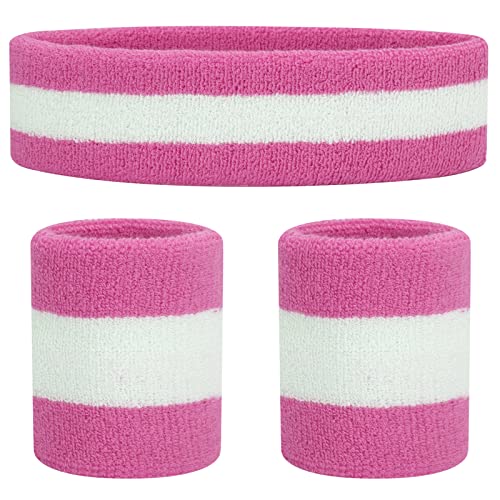 ONUPGO Sweatband Set Sports Headband Wristband Set Sweatbands Terry Cloth Wristband Wrist Sweatband Headbands Moisture Wicking Sweat Absorbing Head Band (Pink/White/Pink)