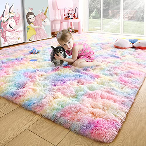 Noahas 4x6 Fluffy Kids Rugs for Room,Rainbow Rug for Girls Bedroom,Pink Rugs for Bedroom,Soft Bedroom Carpet,Playroom Shag Nursery Rugs Room Decor