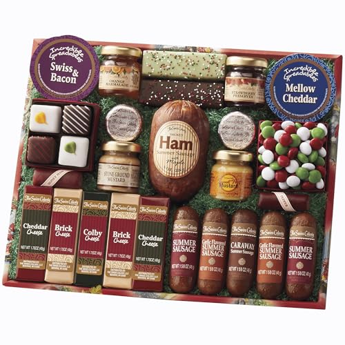 The Swiss Colony 25 Holiday Favorites – Summer Sausage Meats and Cheeses, Assorted Chocolates, and Spreadables, Sweet and Savory Variety Treats, Gift for Holidays, Christmas, Thank You or Birthdays, Food Gift Basket, Adults, Women, Men