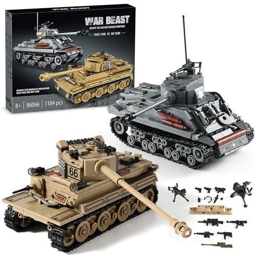 WW2 Army Tank Toys Building Kit, Create a German Tiger & an American M4 Sherman Tank Models with 1184 Blocks, Great Military Gifts for Boys Kids Age 8-14