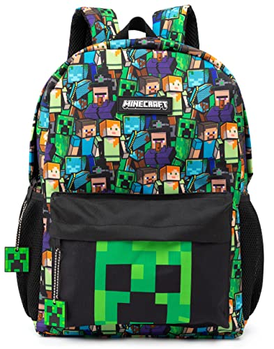 Minecraft Backpack For Boys | Kids Gamer Black School Rucksack | Green Creeper Zombie Skeleton Enderman & Cave Spider