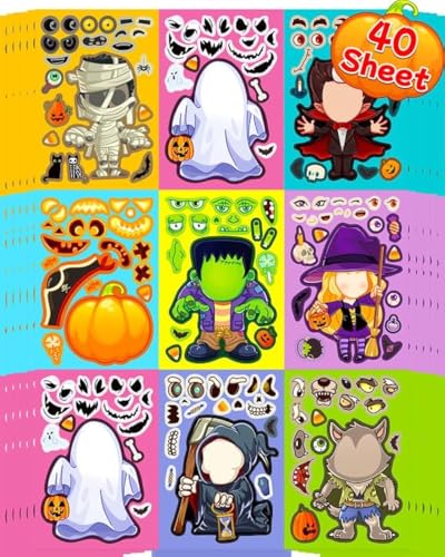 Benresive 40 Sheets Halloween Stickers for Kids, Halloween Crafts Party Favors for Kids, Halloween Holiday Party Games Stickers Bulk - Halloween Make a Face Stickers, Halloween DIY Stickers for Kids