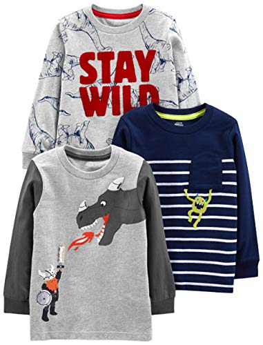 Simple Joys by Carter's Boys' 3-Pack Long Sleeve Shirts, Dinosaur/Dragon/Monster, 4T