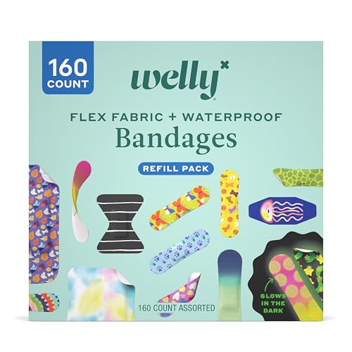 Welly Bandage Large Refill Pack | Adhesive Flexible Fabric, Glow-in-The-Dark & Waterproof Bandages | Assorted Shapes and Patterns for Minor Cuts, Scrapes, and Wounds - 160 Count