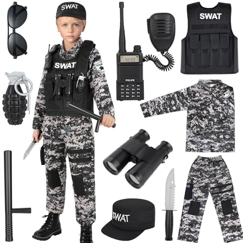 Luucio Swat Police Officer Costume for Kids, Police Costume for Kids with SWAT Costume, SWAT Vest, Halloween Costume for Boys, Role Play Kit for Boys Girls