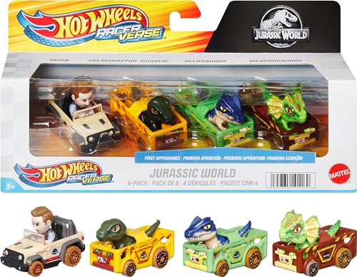 Hot Wheels Toy Cars, RacerVerse 4-Pack of Die-Cast Vehicles Featuring Jurassic World Characters Charlie, Owen, Dilophosaurus & Allosaurus as Drivers