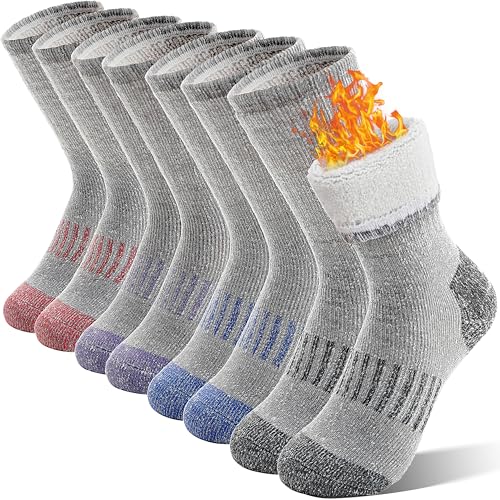 Sandsuced Kids Merino Wool Hiking Socks Girls Boys Toddler Winter Thermal Warm Cozy Boot Thick Cushion Gift Stocking Stuffers Socks 4 Pairs(Purle/Blue/Red/Grey,8-12 Years)