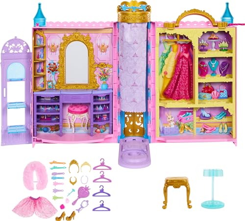 Mattel Disney Princess Toys, Doll Closet Playset with 2 Fashions, 25 Accessories, Vanity, Dressing Room, Runway & Storage, Opens to 2 Feet, Movie-Inspired