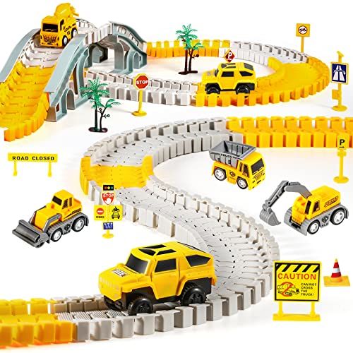 260 PCS Construction Race Tracks for Kids Toys, 2 Electric Cars, 4 Construction Cars, 1 Map & Flexible DIY Track Set, Engineering Toys for 3 4 5 6 Year Old Boys Girls