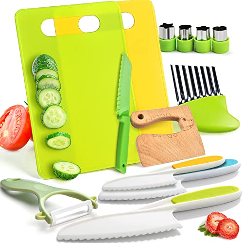 13 Pieces Montessori Kitchen Tools for Toddlers-Kids Cooking Sets Real-Toddler Toys Set for Real Cooking with Plastic Toddler Safe Knives Crinkle Cutter Kids Cutting Board