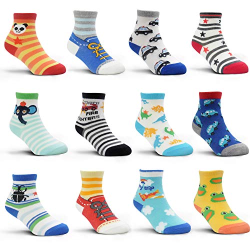 SkiBeaut Toddler Boys Socks with Grips Kids Non Slip Grippers Socks 12 Pairs Lovely Assorted Cartoon Toddlers Anti Skid Slipper Socks for 12-36 Months 1-3 Years Old Baby Boy Girl