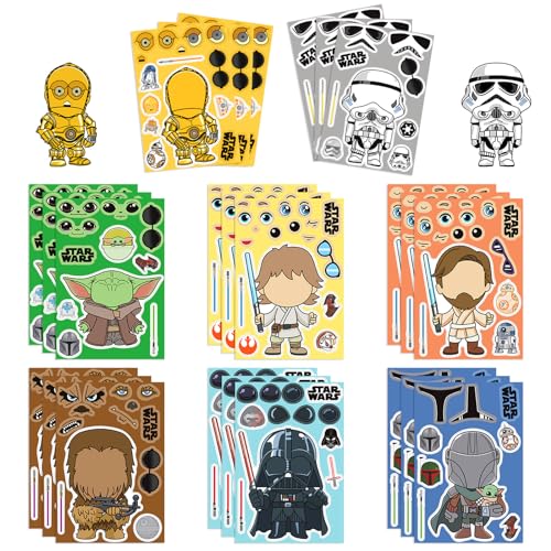 Movie Star Wars Stickers for Kids, 24 Sheets Make Your Own Cartoon Movie Stickers, Make a Face Stickers for Teens Girls Boys, Classroom Rewards, Anime Themed Art Craft Party Supplies (Black)