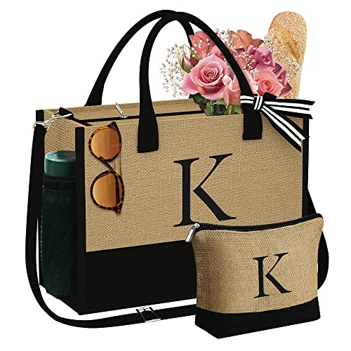 YOOLIFE Gifts for Women - Birthday Gifts for Women, Teacher Appreciation Gifts, K Initial Jute Tote Bag Gifts for Women Birthday Gifts for Women Bridesmaid Gifts Teacher Gifts Mom Sister Friend Gifts