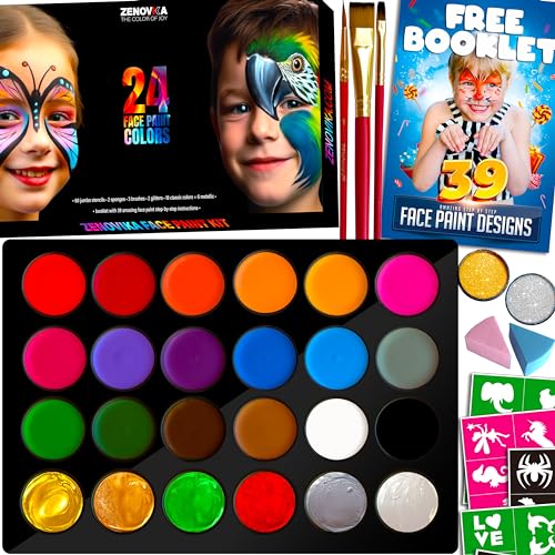 Zenovika Face Painting Kit for Kids - Non-Toxic and Hypoallergenic Face Paint Kit with 24 Colors, Stencils, Book, and Professional Halloween Makeup Kit - Safe and Easy to Use Face Paint Kit for Kids