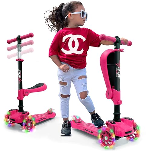 Hurtle Kids Scooter - Child Toddler Kick Scooter Toy with Foldable Seat - 3 Wheel Scooter with Adjustable Height, Anti-Slip Deck, Flashing Wheel Lights, for Boys/Girls 1-12 Year Old, Pink