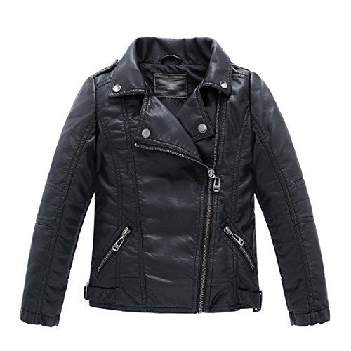 LJYH Children Collar Motorcycle Faux Leather Coats Kids Bomber PU Soft Leather Jackets Black 5/6yrs