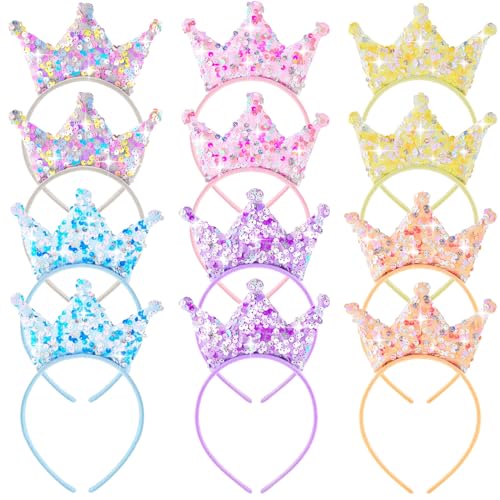 Juexica 12 Packs Princess Crowns Headband Glitter Headbands Crown Party Favors Princess Birthday Party Decorations for Girls(Sequin,Multi Colors)