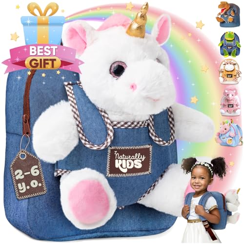 Naturally KIDS Toddler Backpack w Stuffed Animal Toy, Toddler Gifts for Boys Girls, Small Backpack, Unicorn Toys