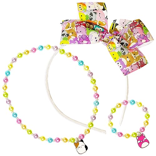 SQUISHMALLOW Cute Hair Headband Jewelry Set for Little Girls - 3pc Toddler Dress Up Kit - 1 Kids Headband With Bow - Necklace - Bracelet | girl birthday gift - Ages 3+