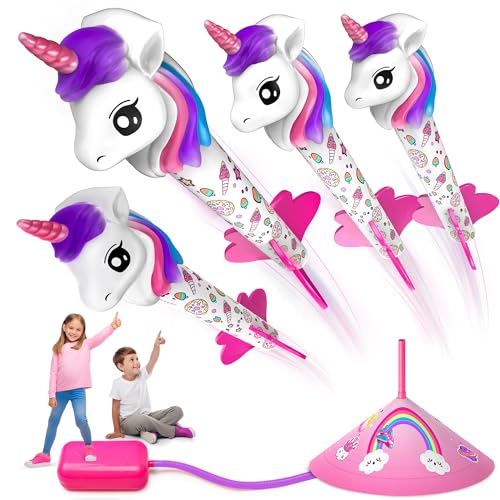 beefunni Unicorn Rocket Launcher for Kids, 4 Unicorn Outdoor Toys for Girls, Christmas Birthday Unicorn Gifts for Girls Ages 2 3 4 5 6 7 8 Years Old, Fun Unicorn Toys for Kids Ages 2-4-6 Years Old