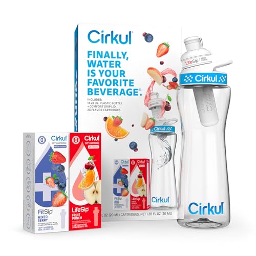 Cirkul 22oz. BPA-Free Plastic Water Bottle Starter Kit with Blue Lid, 2 Flavor Cartridges (1 LifeSip Fruit Punch, 1 FitSip Mixed Berry) Zero Calories and No Sugar