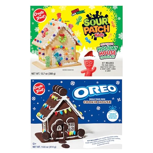 Create-A-Treat OREO and SOUR PATCH KIDS Holiday Cookie House Decorating Kits, 2 Pack Holiday Cookie Decorating Variety