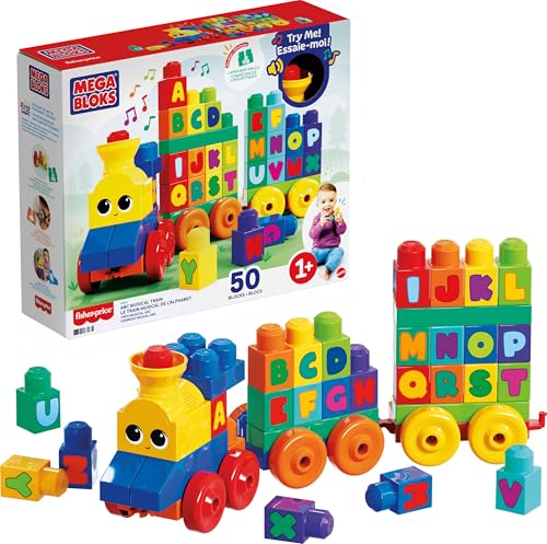 MEGA BLOKS First Builders Toddler Building Blocks Toy Set, ABC Musical Train with 50 Pieces, Music and Sounds, Ages 1+ Years