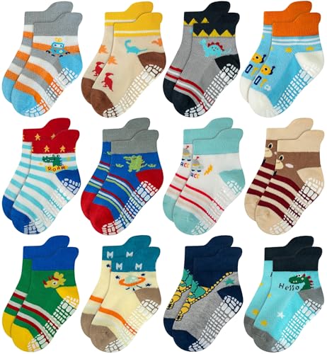 RATIVE Ankle Anti Slip Non Skid Cotton Socks with Grips Grippers for 1 2 Years Old 2T 12 18 Months Toddler Boy Boys Girl Girls (12-24 Months, 12-Pairs/Animal world)