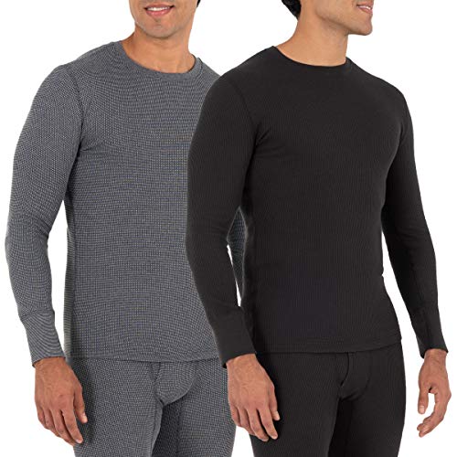 Fruit of the Loom Men's Recycled Waffle Thermal Underwear Crew Top (1 and 2 Packs), Black/Greystone Heather, Large