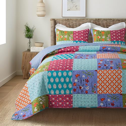 SLPR All is Bright 3-Piece Quilt Set – Queen Size with 2 Shams, Summer Lightweight Quilted Bedspread with Colorful Patchwork, Bohemian Vintage-Inspired Bedding for All Seasons