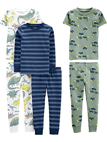 Simple Joys by Carter's Boys' 6-Piece Snug Fit Cotton Pajama Set, Blue/Green/Dinosaur, 8