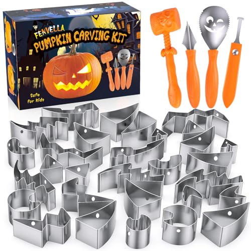 Fenvella Pumpkin Carving Kit for Kids with Hammer, 25 PCS Pumpkin Carving Tools Heavy Duty Stainless Steel Pumpkin Carver Set, Halloween Pumpkin Carving Stencils, Safe Carving Tools Kit for Adults