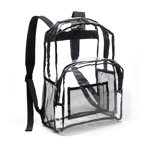 Amazon Basics Transparent School Backpack, With Water-Resistant PVC Plastic Material and Ruggedly Ruinforced Shoulder Straps, Clear