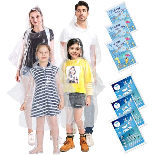 TUNCHMO Disposable Rain Ponchos Family 6 Pack Adults kids 50% Extra Thicker Emergency Ponchos with Hood