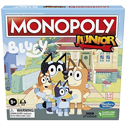 Hasbro Gaming Monopoly Junior: Bluey Edition Board Game for Kids Ages 5+, Play as Bluey, Bingo, Mum, and Dad, Features Artwork from The Animated Series (Amazon Exclusive)