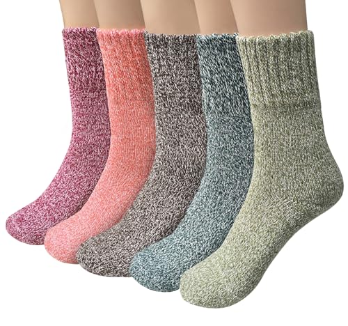 Pack of 5 Womens Thick Knit Warm Casual Wool Crew Winter Socks, Mixed Colors 1- 5 Pack,one size(fits shoe size 5-10)