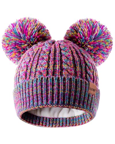 Winter Hat for Kids Toddler Children, Girls Beanie with Double Pom Pom Warm Thick Thermal Fleece Lined, Girls Accessories Cute Knit Beanies Cap for Cold Weather(Rainbow)