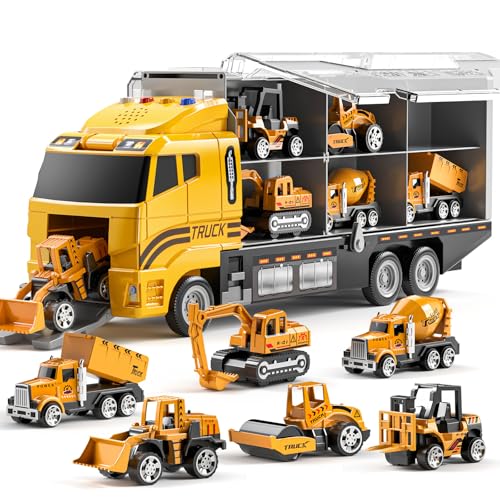 TEMI Toddler Toys for 3 4 5 6 Years Old Boys, Die-cast Construction Toys Car Carrier Vehicle Toy Set w/Play Mat, Kids Toys Truck Alloy Metal Car Toys Set for Age 3-9 Toddlers Kids Boys & Girls