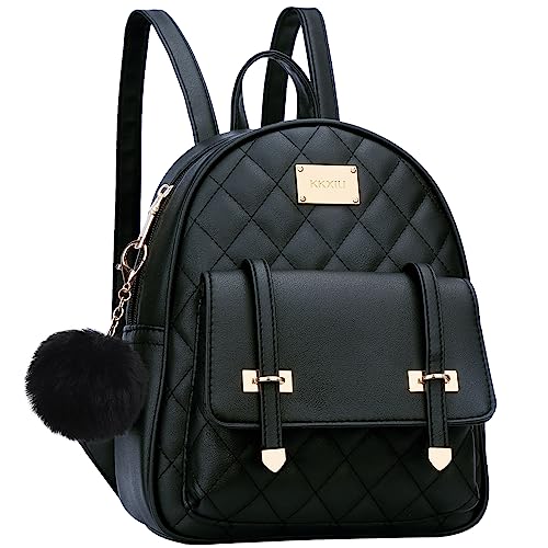 KKXIU Girls Small Backpack Purse Vegan Leather Quilted Mini Daypack for Women Trendy Bookbag (Black)