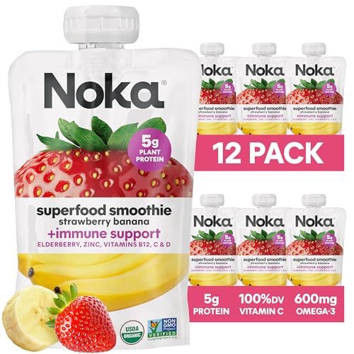 Noka Superfood Fruit Smoothie Pouches, Strawberry Banana with Immune Support, Healthy Snacks with Elderberry, Flax Seed, Plant Protein, and Prebiotic Fiber, Gluten Free and Vegan, 4.22 oz, 12 Count