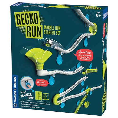 Gecko Run Marble Run Starter Set by Thames & Kosmos – 63 Piece Vertical Marble Run Toy with Flexible Tracks | Fast, No-Mess Setup with Residue-Free Nano-Adhesive Pads for Hours of Creative Play