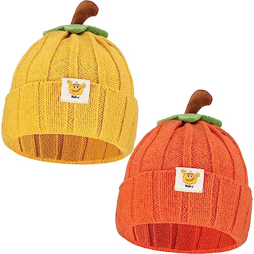 Mepase 2 Pcs Halloween Baby Pumpkin Hat Infant Kids Pumpkin Beanie Winter Cute Knitted Hat Newborn Beanie Baby Winter Hat Soft Boys Girls Pumpkin Cap for Toddler Autumn Thanksgiving Orange, Yellow